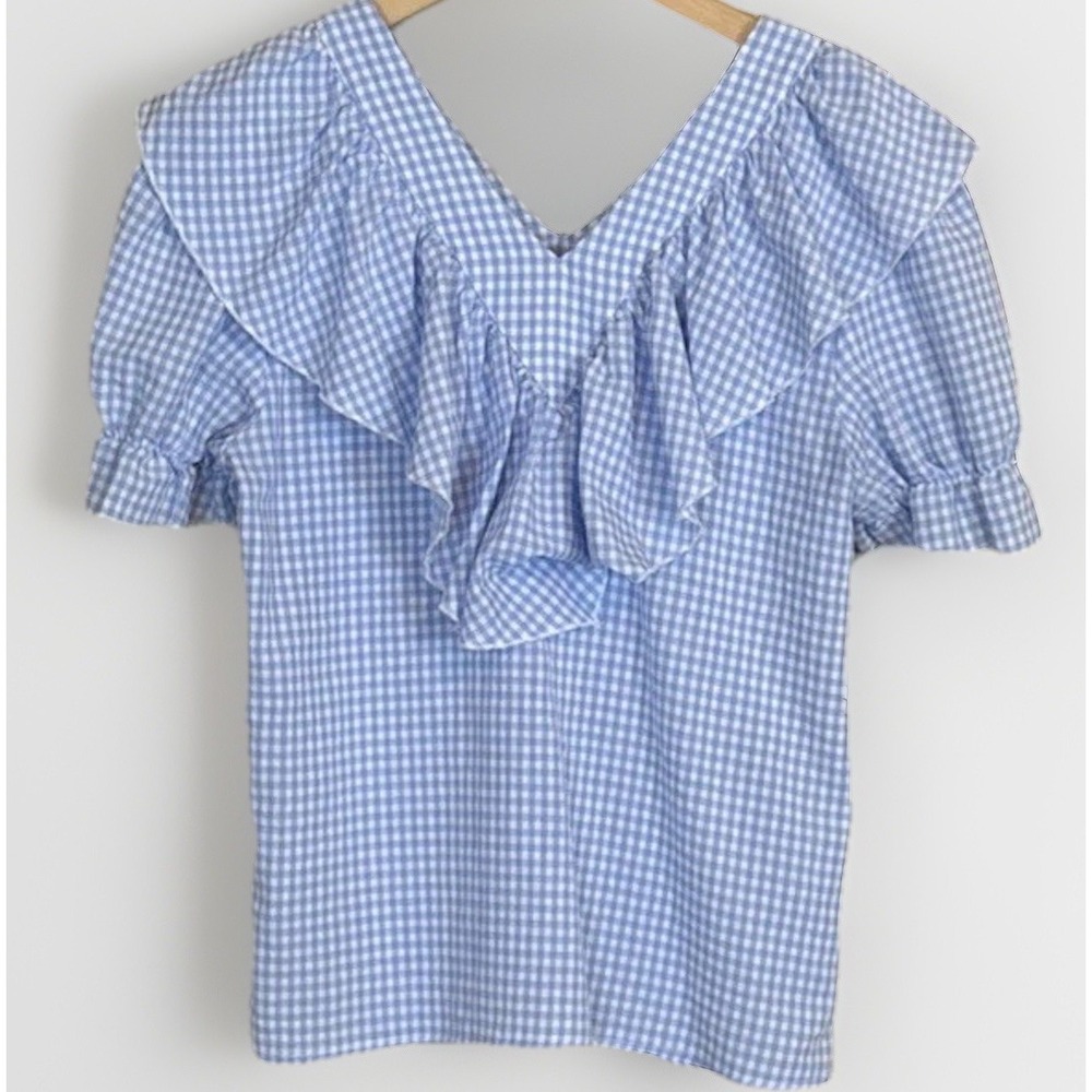 Gingham Blouse Women's M Baby Blue Cottagecore Coquette Spring Short Puff Sleeve